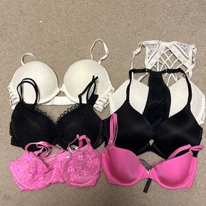 Lot of 6 Victoria’s Secret Lace and Satin Bra- 2 Black, 2 Pink, 2 White
